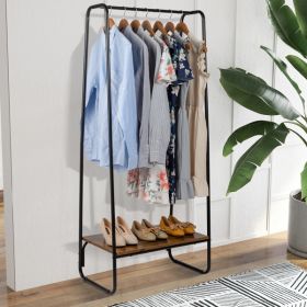 Clothes Rack with Wood Shelf, Freestanding Clothing Rack, Garment Rack, Standing Metal Sturdy Clothing Rack, Black