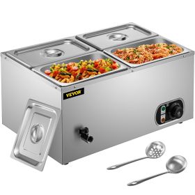 VEVOR 110V Commercial Food Warmer 4x1/4GN, 4-Pan Stainless Steel Bain Marie 14.8 Qt Capacity,1500W Steam Table 15cm/6inch Deep,Temp. Control 86-185