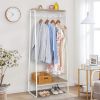 Clothes Rack with Wood Shelf, Freestanding Clothing Rack, Garment Rack, Standing Metal Sturdy Clothing Rack, White