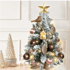 22in Mini Christmas Tree With Lights, Rose Gold Artificial Small Tabletop Christmas Tree With Flocked Snow (Color: Woodland)