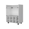 Minneapolis Bar Cart with Integrated 8-Bottle Rack, White Glass Encased Cabinet