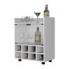 Minneapolis Bar Cart with Integrated 8-Bottle Rack, White Glass Encased Cabinet